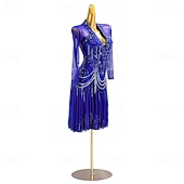 abordables robe de compétition-Robe de danse latine pour femme, bleu roi, strass, manches longues, franges, costume de performance pour compétition de samba, cha cha, rumba