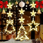 baratos Luzes de cordas de férias-Luz de Janela de Natal 1PC com Bateria Luz de Cortina Branca Quente Suspensa com Ventosa Luz de Árvore de Natal e Estrela para Decoração de Janela em Festa de Natal e Ano Novo