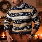 baratos suéter pulôver masculino-Homens Suéter de Natal camisolas de natal Pulôver suéter Suéter de malha Estriado Tricotar Tops regulares Tricotado losango Gola Redonda Moda Básico Férias Roupa Diária Roupa Outono Inverno Branco