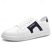 abordables Zapatillas Informales-Zapatillas casuales de piel sintética blanca para hombre con panel de acento marrón y diseño con cordones, zapatos de calle cómodos para atuendos urbanos y deportivos diarios.