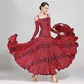 abordables Standard  Ballroom-Animal Print Off-Shoulder Ballroom Dance Dress for Women - Long Sleeve A-Line Gown for Competitions, Latin, and Dance Events