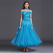 Недорогие Стандартный бальный зал-женское платье для бальных танцев, ярко-розовое, с цветочной аппликацией из страз, многослойной органзы, элегантное, для выступлений на соревнованиях по вальсу, танго, фокстроту