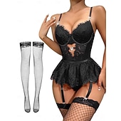 economico Regali-Set Babydoll Lingerie Teddy Bodysuit Collant a Rete con Accessori Donne Lingerie in Rete e Pizzo Elegante Indumento Notturno Adulti Casa Vestire Regalo di San Valentino per Lei