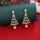 abordables Accessoires de Noël-Boucles d&#039;oreilles sapin de Noël – Boucles d&#039;oreilles de Noël en cristal vert scintillant avec détails étoile et perle pour femmes