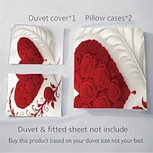 cheap Duvet Cover Sets-Heart Rose Print 3-Piece Down Duvet Cover Set for Large Bed, Soft Short Fluffy Comforter Cover with 2 Pillowcases – Hotel &amp; Guest Room Bedding, Cozy &amp; Comfortable