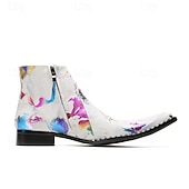abordables Botas de cuero de primera calidad-Botines de piel con efecto salpicado de pintura blanca para hombre, con cordones en la parte delantera y punta puntiaguda, botas artísticas de piel de vaca de moda para escenarios, clubes y fiestas.