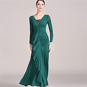 preiswerte Standard-Tanzsaal-grünes Gesellschaftstanzkleid mit langen Ärmeln, gerüschten Details und Rüschenrock für eleganten Latein &amp;Ballsaalaufführung