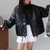 olcso Lányok bőrdzsekik-Gyerekek Lány Fekete bőrdzseki Jakna Tömör szín Divat Cipzár Zseb Szabadtéri Kabát Felsőruházat 4-12 év Ősz Fekete Arcpír rózsaszín