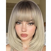 voordelige Synthetische trendy pruiken-Highlight gelaagde pruiken met pony 14 inch kort gemengd bruin lijmloos kant-en-klare rechte synthetische bobpruiken voor vrouwen realistische hoofdhuid dagelijks cosplaygebruik