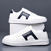 abordables Zapatillas Informales-Zapatillas casuales de piel sintética blanca para hombre con panel de acento marrón y diseño con cordones, zapatos de calle cómodos para atuendos urbanos y deportivos diarios.