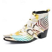 halpa Ensiluokkaiset nahkasaappaat-Miesten valkoiset abstraktin raidalliset nahkaiset cowboy-saappaat vetoketjulla ja metallisella kärjellä, 100% naudannahasta valmistetut taiteelliset nilkkurit lavalle ja tapahtumiin