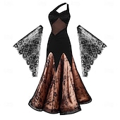 cheap Competition Wear-Women's Ballroom Dance Dress Black Lace Patchwork Mesh Asymmetric Shoulder Elegant Tango Rumba Competition Performance Gown