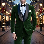 billige Høytidsselskap-herre jul fritid fest fløyelsdresser sjalslag rød grønn julefest ensfarget skreddersydd passform 2 deler enkeltspent én knapp