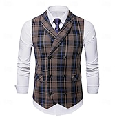 tanie Męska kamizelka-Męskie Kamizelka Strój koktajlowy Formalny Ślub Urlop Biznes Moda Klasyczny Wiosna Jesień Kieszeń Guziki Poliester Wygodny Kratka Guziki jednorzędowe W serek Regularny Czarny Brązowy Khaki Szary