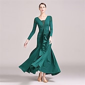 preiswerte Standard-Tanzsaal-grünes Gesellschaftstanzkleid mit langen Ärmeln, gerüschten Details und Rüschenrock für eleganten Latein &amp;Ballsaalaufführung