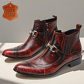 Χαμηλού Κόστους Premium Δερμάτινες Μπότες-Ανδρικά κόκκινα μποτάκια μοναχικού ιμάντα από γνήσιο δέρμα, με γυαλιστερό φινίρισμα και λεπτομέρεια με αγκράφα, δερμάτινες μπότες για πάρτι, συναυλίες και εκδηλώσεις μόδας