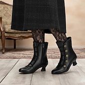 abordables Victoriano &amp; Eduardo-Botines victorianos vintage marrones con cordones para mujer, detalles de botones y tacón medio para cosplay, recreaciones históricas y uso diario
