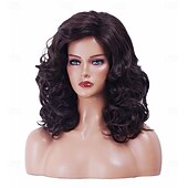 זול פיאות סינטטיות אופנתיות-פאות חום כהה 16 אינץ' לנשים פאה סינתטית טבעית גלית בצבע חום ארוכה לשנות ה-70 וה-80 לשימוש יומיומי