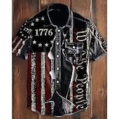  男性用 7月4日 米国建国250周年 国旗 シャツ サマーシャツ カジュアルシャツ 半袖 ハワイアン リゾート ビーチ バケーション デイリーウェア 夏 ラペル プリント ブラック ルビーレッド