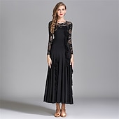 economico Sala da Ballo Standard-Abito da ballo da sala con dettagli in pizzo per donna - abito a trapezio a maniche lunghe con dettagli arricciati per competizioni, balli latini ed eventi di danza - azzurro