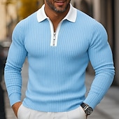 economico Polo Classico da Uomo-Per uomo Top a Maglia a Coste Polo da Golf Streetwear Casuale Bavero Manica Lunga Essenziale Moderno Semplice Cerniera Bottoni Primavera Autunno Tutte le stagioni Vestibilità regolare Bianco Blu