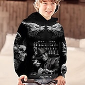 billige Gutts 3D-visjon og geometri-Barn Gutt Halloween Hattetrøje Langermet 3D-utskrift Hodeskaller Lomme Svart Grå Fuksia Barn Topper Høst Aktiv utendørs Halloween Normal 4-12 år
