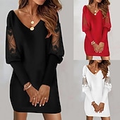 abordables Vestidos de encaje blanco-Mujer Mini vestido Vestido negro Vestido de encaje Moda Moderno Manga Farol Diario Oficina Vacaciones Ajuste regular Plano Manga Larga Escote en Pico Negro Blanco Rojo Primavera Otoño