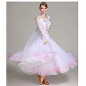 economico Abbigliamento da Competizione-abito da ballo da sala da donna, elegante abito da competizione in tulle a strati con strass floreali sfumati, per valzer, tango, foxtrot – bianco e rosa