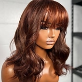 cheap Human Hair Lace Front Wigs-Remy Human Hair 5x5 Closure 13x4 Lace Front Wig Neat Bang With Bangs Brazilian Hair Body Wave Brown Wig 150% 180% Density with Baby Hair 100% Virgin Glueless Pre-Plucked For Women Long Human Hair