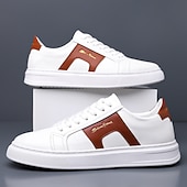 abordables Zapatillas Informales-Zapatillas casuales de piel sintética blanca para hombre con panel de acento marrón y diseño con cordones, zapatos de calle cómodos para atuendos urbanos y deportivos diarios.