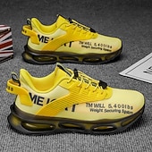 abordables Chaussures de Course pour Hommes-Baskets jaunes de style urbain pour hommes avec semelle à coussin d'air et tige en mesh, chaussures de sport légères et tendance pour la course, la salle de sport et les vêtements décontractés