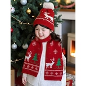 رخيصةأون إكسسوارات ملابس عيد الميلاد للأطفال-مجموعة قبعة ووشاح عيد الميلاد للأطفال، محبوكة ناعمة مع أنماط الرنة والأشجار، إكسسوارات شتوية دافئة للأولاد والبنات، مثالية للاحتفالات بالعطلات وعيد الميلاد