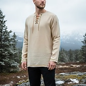 cheap Tops-Medieval Renaissance 17th Century Medium Length Blouse / Shirt Cosplay Costume Knight Ritter Viking Celtic Knight Elven Drawstring Solid Color Fancy Dress Men's Pirate Halloween Masquerade Casual