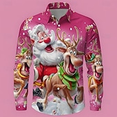cheap Christmas Animal Outfit-Christmas Men's Cartoon Santa Claus Reindeer Shirt Button Up Shirt Long Sleeve Funny Outdoor Holiday Spring Fall Turndown 3D Print Collared Shirts Blue White 1 White Pink Orange