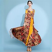 economico Sala da Ballo Standard-abito da ballo da sala con stampa floreale per donna - abito a trapezio con maniche lunghe e accenti gialli per competizioni, latino americani ed eventi di danza - rosso&amp;amp;floreale