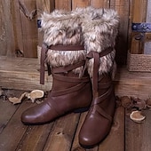 billige Riding Boots-Brune middelalderstøvler i kunstskinn til herre – fôr i kunstpels med stilig stroppdetalj, ideelle for historiske gjenskapninger, cosplay og vinterantrekk