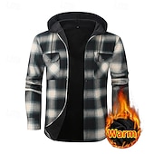 Недорогие фланелевые рубашки-Муж. Shacket Куртка-рубашка Зимняя куртка В клетку Отпуск На каждый день Красный Небесно-голубой Темно-зеленый Оранжевый Длинный рукав Капюшон Осень Зима Одежда Передний карман