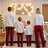 Недорогие детская рождественская пижама-Семейный вид Новогодняя тематика Рождественская семейная пижама Пижамы Семейные наборы Графика В клетку Новогодняя ёлка Дом С принтом Красный Длинный рукав Повседневные Подходящие наряды