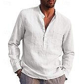 Men's Linen Shirt Band Collar Shirt Summer Shirt Beach Wear Solid Color Daily Hawaiian Black White Wine Navy Blue Long Sleeve Henley Spring & Fall Clothing Apparel Collared Shirts 19