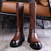 abordables Bottes d&#039;équitation-Bottes d&#039;équitation montantes en similicuir marron pour homme avec sangle à boucle, bottes hautes équestres vintage pour la mode et les costumes