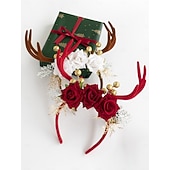 economico Accessori per capelli da donna-set di 2 cerchietti natalizi da donna con corna di renna, accessori floreali per capelli con rose rosse e bianche, bacche dorate &amp;corna di velluto per feste di Natale &amp;foto di famiglia