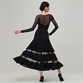 cheap Competition Wear-Women's Ballroom Dance Dress Layered Ruffle Mesh Long Sleeve Elegant Tango Waltz Foxtrot Competition Performance Gown – Black