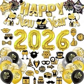 levne Nový rok-Silvestrovské dekorace v černé a zlaté barvě, 52 ks, sada balónkových girland s motivem nového roku 2026 – banner, rekvizity do fotobudky &amp;párty potřeby pro oslavu odpočítávání