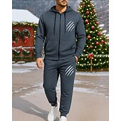 Недорогие спортивные костюмы-Новогодняя тематика Муж. Спортивный костюм из двух частей Толстовка с капюшоном для отдыха Толстовка на молнии Полный почтовый индекс с карманом Геометрический принт Наборы одежды Весна Черный Винный