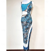 cheap Competition Dress-Women's Latin Dance Dress Blue Rhinestone Cutout Bodycon Fringe Costume for Cha Cha Samba Paso Doble Performance Competition