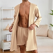 cheap Men&#039;s Robes-Men&#039;s Pajamas Silk Robe Sleepwear Pajama Set 1 set Plain Fashion Stylish Classic Home Daily Bed Polyester Comfort Soft Hoodie Long Sleeve Belt Included Summer Spring Lake Blue Champagne