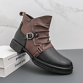 baratos Botas de trabalho-Botas masculinas de couro sintético bicolor, pretas e marrons, com tira de fivela lateral e design de gáspea dobrada, botas vintage feitas à mão para amantes da moda retrô