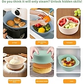 זול Grills &amp; בישול בחוץ-סיר אידוי סיליקון למיקרוגל 42oz, 3 תאים, סיר אידוי סיליקון 4 ב-1 עם ידית ומכסה לירקות, דגים, הכנת ארוחות, מזון לתינוקות, תנור &amp;בטוח למדיח כלים, קל לניקוי