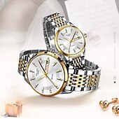 ieftine Ceasuri Quartz-Două ceasuri noi și la modă cu cuarț pentru cupluri - carcasă din oțel inoxidabil, rezistență la apă IPX7, calendar dublu luminescent, dată și afișaj duminică/luni, curea din aliaj - cadou ideal