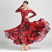 abordables Standard  Ballroom-Animal Print Off-Shoulder Ballroom Dance Dress for Women - Long Sleeve A-Line Gown for Competitions, Latin, and Dance Events